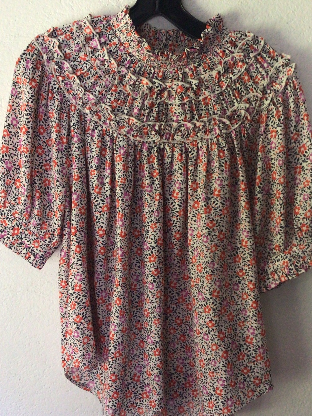 Ann Taylor Cream Floral Smocked Yoke Blouse with Pink & Orange Flowers